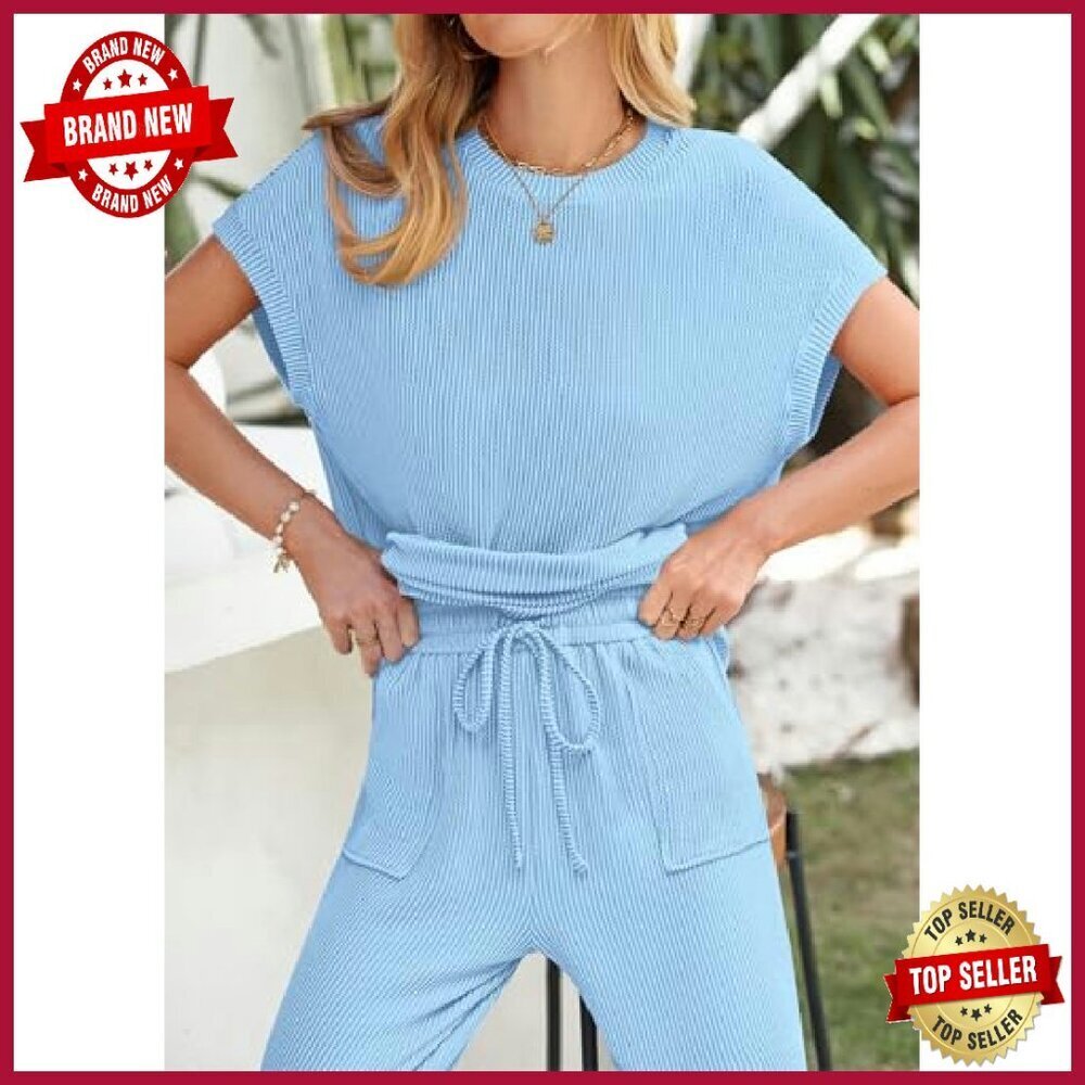 Ribbed Knit Lounge Set: Short Sleeve Top & Wide Leg Pants - Picture 5 of 8